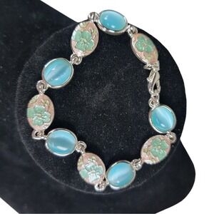 FASHION‎ JEWELRY SILVER TONE BLUE CATS EYE BRACELET 7" Enamel Flowers